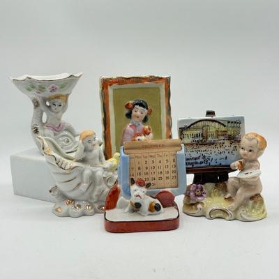 LOT 102: Vintage Japanese Porcelain Figurines: Calendar w/ Pages, Atlantic City Souvenir & More