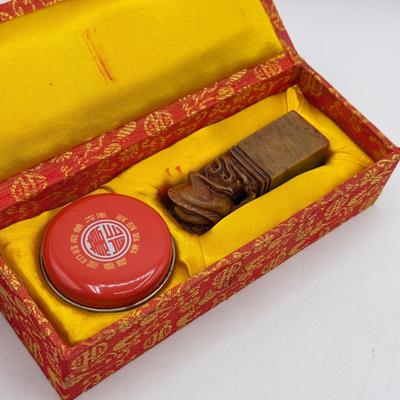 LOT 104: Dragon Topped "Robert" Stamp Set, Dharma Matchbook & Three Japanese Kokeshi Wooden Dolls