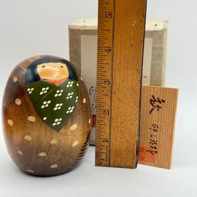 LOT 104: Dragon Topped "Robert" Stamp Set, Dharma Matchbook & Three Japanese Kokeshi Wooden Dolls