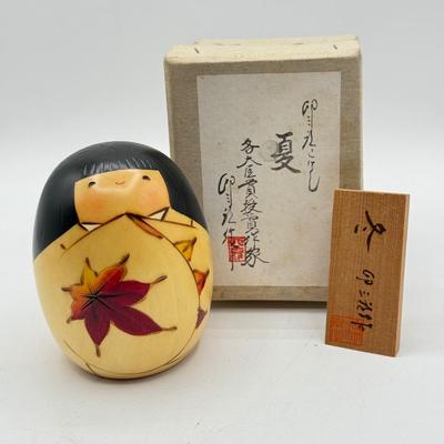 LOT 104: Dragon Topped "Robert" Stamp Set, Dharma Matchbook & Three Japanese Kokeshi Wooden Dolls