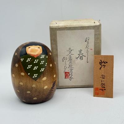 LOT 104: Dragon Topped "Robert" Stamp Set, Dharma Matchbook & Three Japanese Kokeshi Wooden Dolls