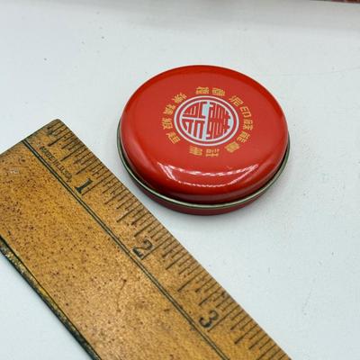 LOT 104: Dragon Topped "Robert" Stamp Set, Dharma Matchbook & Three Japanese Kokeshi Wooden Dolls