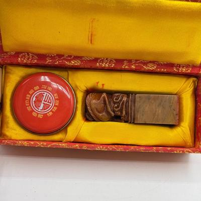 LOT 104: Dragon Topped "Robert" Stamp Set, Dharma Matchbook & Three Japanese Kokeshi Wooden Dolls