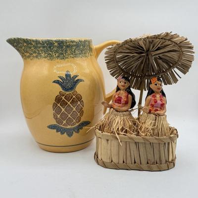 LOT 107: Pfaltzgraff Pineapple "Friendship" Pitcher & Hula Girl S&P Shakers