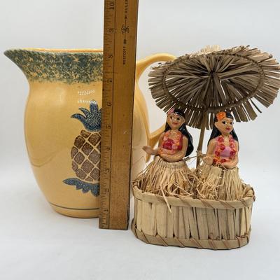 LOT 107: Pfaltzgraff Pineapple "Friendship" Pitcher & Hula Girl S&P Shakers