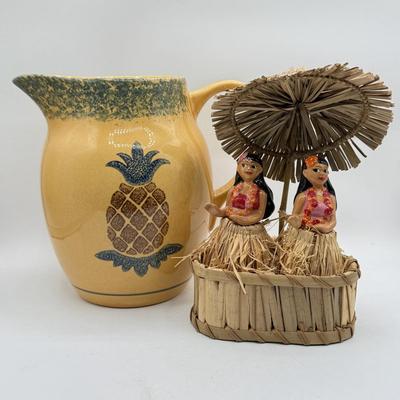 LOT 107: Pfaltzgraff Pineapple "Friendship" Pitcher & Hula Girl S&P Shakers