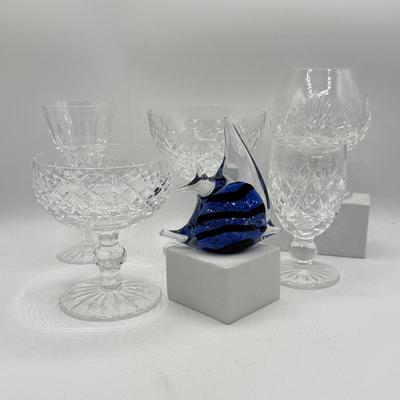 LOT 109: Hand Blown Glass Fish Paperweight w/ Waterford & More Stemmed Crystal Glasses