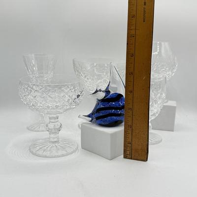 LOT 109: Hand Blown Glass Fish Paperweight w/ Waterford & More Stemmed Crystal Glasses