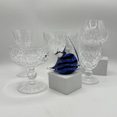 LOT 109: Hand Blown Glass Fish Paperweight w/ Waterford & More Stemmed Crystal Glasses