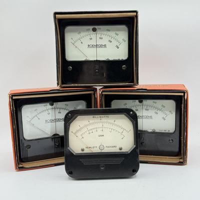 LOT 111: Vintage Simpson Roentgens Panel Meters w/ Boxes & Vintage Hewlett Packard DBM Milliwatts Panel Meter