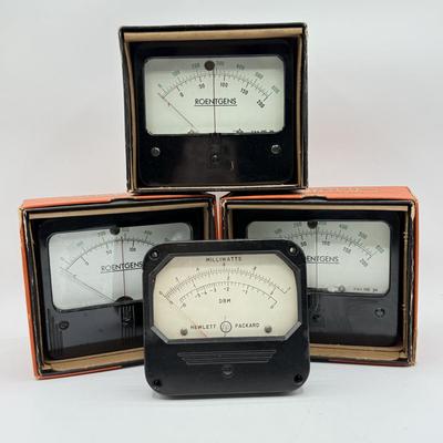 LOT 111: Vintage Simpson Roentgens Panel Meters w/ Boxes & Vintage Hewlett Packard DBM Milliwatts Panel Meter