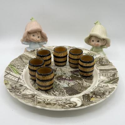 LOT 145: Homco Tulip Figurines, Souvenir Plate & Vintage Mini Ceramic Wine Barrels