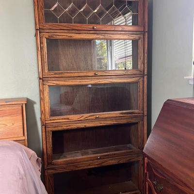 Vintage Leaded Glass Oak Wood Lawyers Bookcase