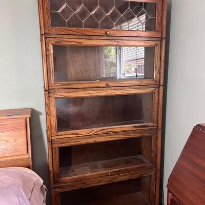 Vintage Leaded Glass Oak Wood Lawyers Bookcase