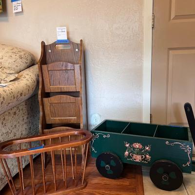 Magazine Tower, Green Painted Decorative Wagon and Floor Magazine holder