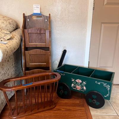 Magazine Tower, Green Painted Decorative Wagon and Floor Magazine holder