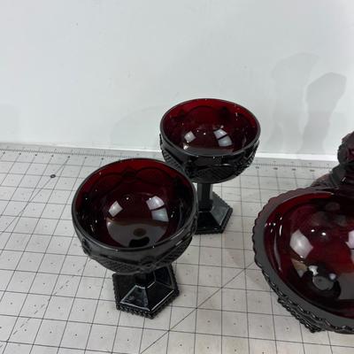 (4) Cape Cod AVON Red Mixed Lot, Candle Sticks, Bowl and 2 Champagnes