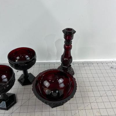 (4) Cape Cod AVON Red Mixed Lot, Candle Sticks, Bowl and 2 Champagnes
