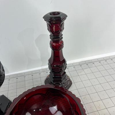 (4) Cape Cod AVON Red Mixed Lot, Candle Sticks, Bowl and 2 Champagnes