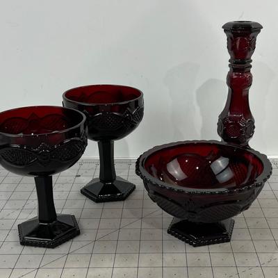 (4) Cape Cod AVON Red Mixed Lot, Candle Sticks, Bowl and 2 Champagnes