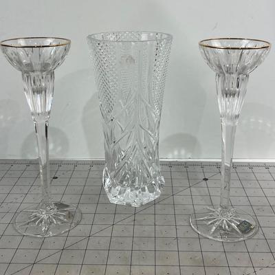 Mikasa Pair of Candle Sticks and Crystal Vase