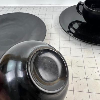 RARE! BLACK Glass Cups and Salad Plate (4 Pieces)