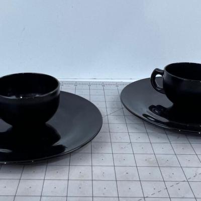 RARE! BLACK Glass Cups and Salad Plate (4 Pieces)