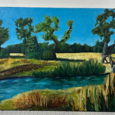 Painting Guy Bardone 1927-2015 Depicting Scene with Lake, Tree, River 