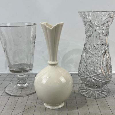 3 Vases- Cut Glass, Etched Glass and Lenox 