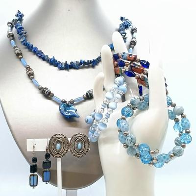 LOT 1: Blue Themed Jewelry - Stone, Glass & Lucite