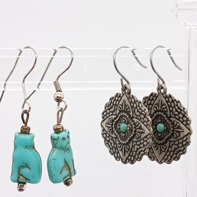 LOT 3: Sterling and Crushed Turquoise Navajo Earrings, Hand Blown Glass Earrings, Glass Art Pendant & More