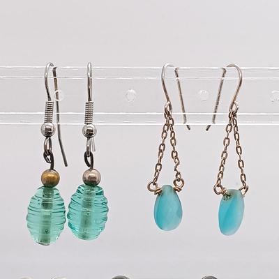 LOT 3: Sterling and Crushed Turquoise Navajo Earrings, Hand Blown Glass Earrings, Glass Art Pendant & More