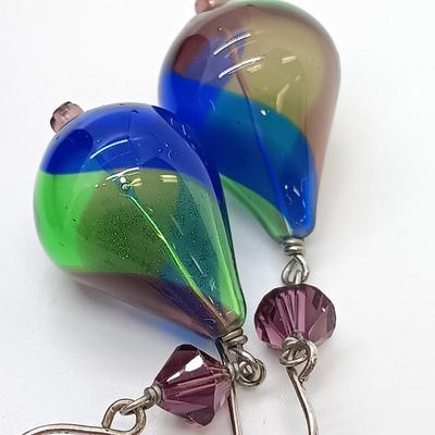 LOT 3: Sterling and Crushed Turquoise Navajo Earrings, Hand Blown Glass Earrings, Glass Art Pendant & More