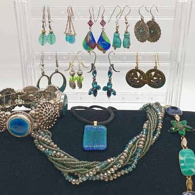 LOT 3: Sterling and Crushed Turquoise Navajo Earrings, Hand Blown Glass Earrings, Glass Art Pendant & More