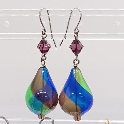 LOT 3: Sterling and Crushed Turquoise Navajo Earrings, Hand Blown Glass Earrings, Glass Art Pendant & More