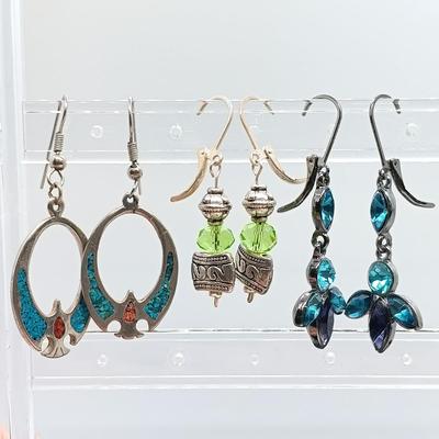 LOT 3: Sterling and Crushed Turquoise Navajo Earrings, Hand Blown Glass Earrings, Glass Art Pendant & More