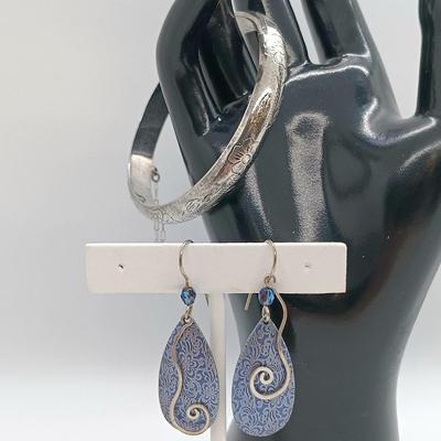 LOT 5: Vintage Sterling Engraved Cuff with Retro Dangle Earrings