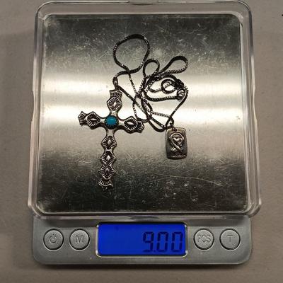 LOT 6: Sterling and Turquoise Cross with Sterling Pendant on a Sterling Chain 9.00gtw