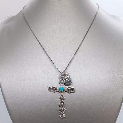 LOT 6: Sterling and Turquoise Cross with Sterling Pendant on a Sterling Chain 9.00gtw