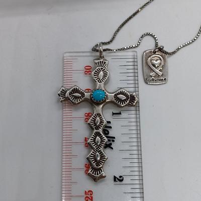 LOT 6: Sterling and Turquoise Cross with Sterling Pendant on a Sterling Chain 9.00gtw