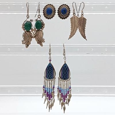 LOT 7: Set of (3) Sterling and Stone Earrings with Native American Inspired Dangle Earrings