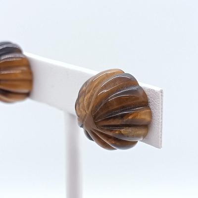 LOT 40: Tiger's Eye Earrings with 14K Backs & Laurel Birch Brooch