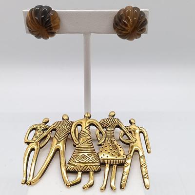LOT 40: Tiger's Eye Earrings with 14K Backs & Laurel Birch Brooch