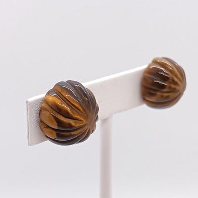 LOT 40: Tiger's Eye Earrings with 14K Backs & Laurel Birch Brooch