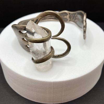LOT 55: Artisan Designed Silver Plate (Fork) Cuff Bracelet with Raw Clear Quartz and Two Pair of Polished Stone Dangle Earrings