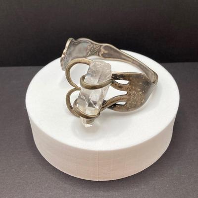 LOT 55: Artisan Designed Silver Plate (Fork) Cuff Bracelet with Raw Clear Quartz and Two Pair of Polished Stone Dangle Earrings