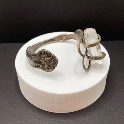 LOT 55: Artisan Designed Silver Plate (Fork) Cuff Bracelet with Raw Clear Quartz and Two Pair of Polished Stone Dangle Earrings
