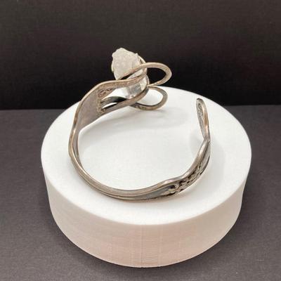 LOT 55: Artisan Designed Silver Plate (Fork) Cuff Bracelet with Raw Clear Quartz and Two Pair of Polished Stone Dangle Earrings