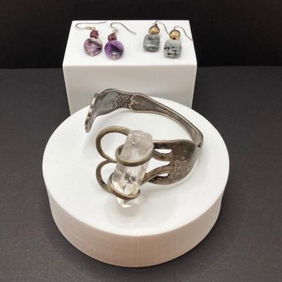 LOT 55: Artisan Designed Silver Plate (Fork) Cuff Bracelet with Raw Clear Quartz and Two Pair of Polished Stone Dangle Earrings
