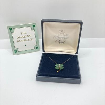 LOT 57: Vintage / Rare The Franklin Mint "The Diamond Shamrock" - Jade Four (4) Leaf Clover with Diamond Center and Sterling...